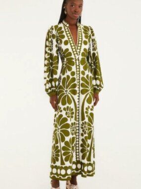 Farm Rio Green/White Palermo Puff Sleeves Floral Maxi Dress Size Small